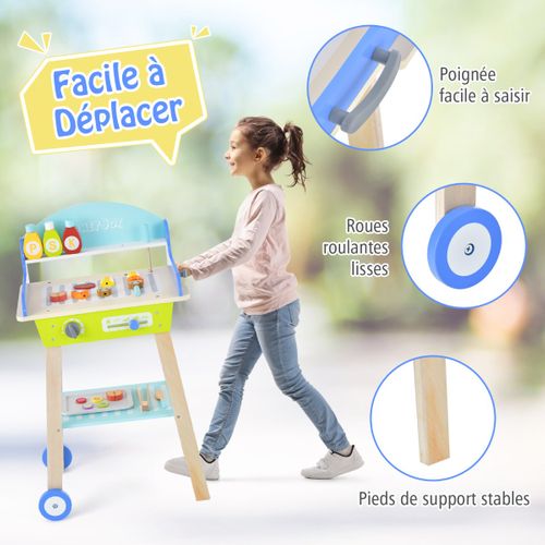 Jouet Barbecue Grill En Bois Pour Enfants 3 Ans+ 21 Accessoires Avec Roues Son Réaliste Cadeaux