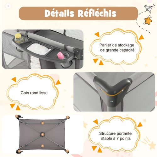 Lit Bébé 5 En 1 Lit Parapluie Pliable Parc Bébé Table à Langer Avec Berceau Matelas Amovible Gris