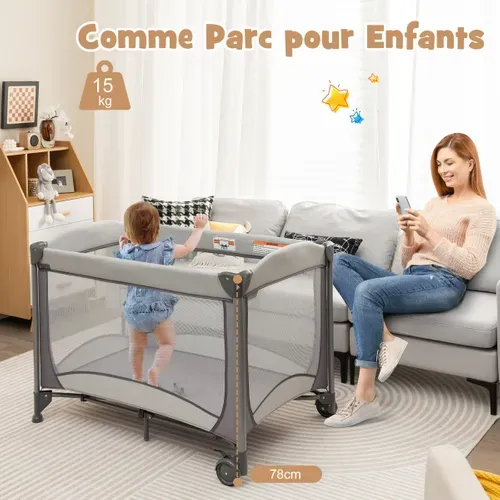 Lit Bébé 5 En 1 Lit Parapluie Pliable Parc Bébé Table à Langer Avec Berceau Matelas Amovible Gris