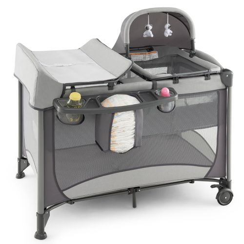 Lit Bébé 5 En 1 Lit Parapluie Pliable Parc Bébé Table à Langer Avec Berceau Matelas Amovible Gris