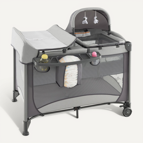 Lit Bébé 5 En 1 Lit Parapluie Pliable Parc Bébé Table à Langer Avec Berceau Matelas Amovible Gris