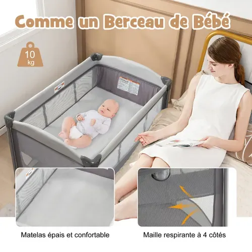 Lit Bébé 5 En 1 Lit Parapluie Pliable Parc Bébé Table à Langer Avec Berceau Matelas Amovible Gris
