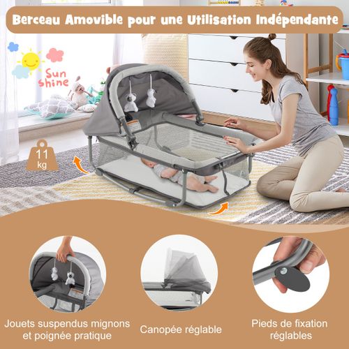 Lit Bébé 5 En 1 Lit Parapluie Pliable Parc Bébé Table à Langer Avec Berceau Matelas Amovible Gris