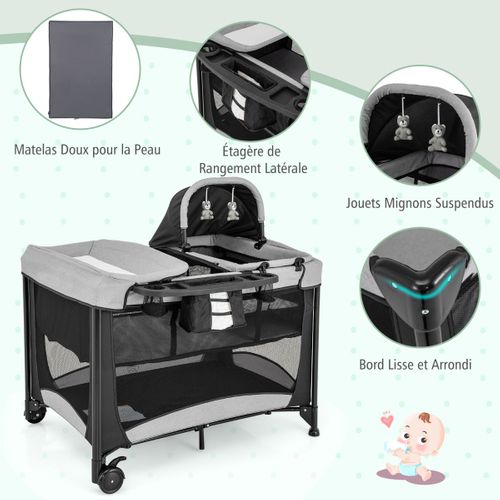 Lit Bébé 5 En 1 Lit Parapluie Pliable Parc Bébé Table à Langer Avec Berceau Matelas Amovible Noir
