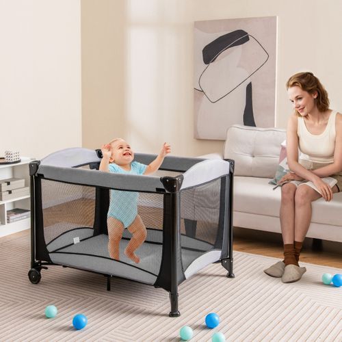 Lit Bébé 5 En 1 Lit Parapluie Pliable Parc Bébé Table à Langer Avec Berceau Matelas Amovible Noir