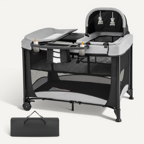 Lit Bébé 5 En 1 Lit Parapluie Pliable Parc Bébé Table à Langer Avec Berceau Matelas Amovible Noir
