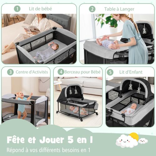Lit Bébé 5 En 1 Lit Parapluie Pliable Parc Bébé Table à Langer Avec Berceau Matelas Amovible Noir