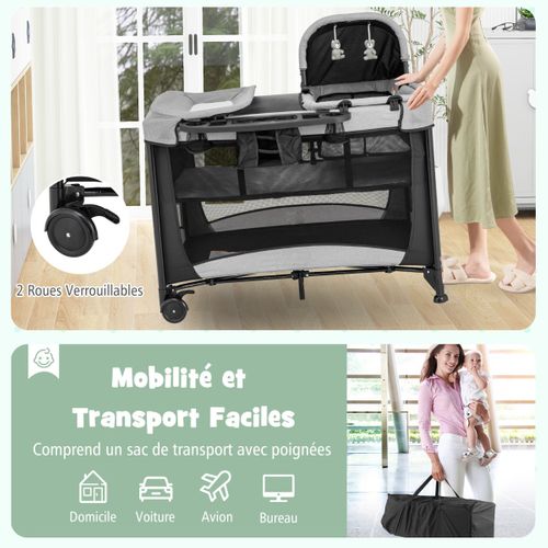Lit Bébé 5 En 1 Lit Parapluie Pliable Parc Bébé Table à Langer Avec Berceau Matelas Amovible Noir