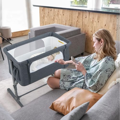 Lit Cododo Bébé à 5 Hauteurs Réglables Lit Berceau Maille Respirante Sac De Voyage Gris Foncé