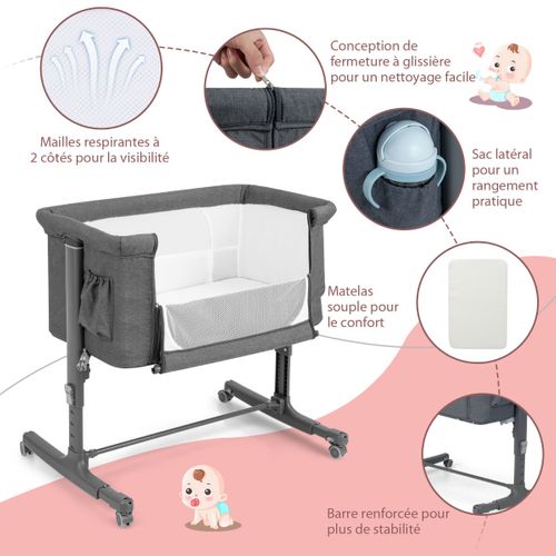 Lit Cododo Bébé à 5 Hauteurs Réglables Lit Berceau Maille Respirante Sac De Voyage Gris Foncé
