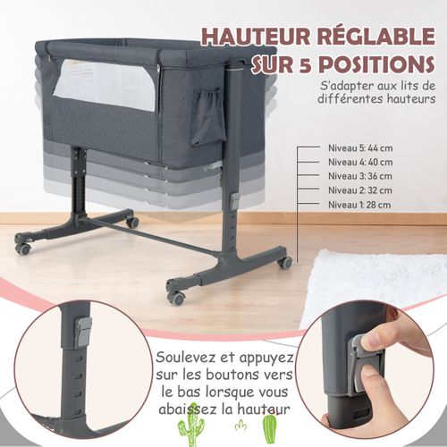 Lit Cododo Bébé à 5 Hauteurs Réglables Lit Berceau Maille Respirante Sac De Voyage Gris Foncé