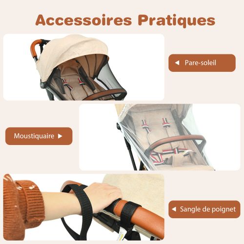 Poussette Bébé Pliable à Une Main Avec Cadre En Aluminium Dossier Et Repose-pieds Réglables Beige