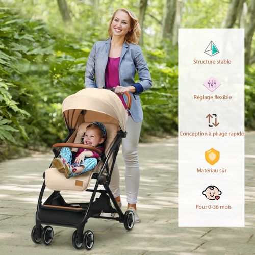 Poussette Bébé Pliable à Une Main Avec Cadre En Aluminium Dossier Et Repose-pieds Réglables Beige