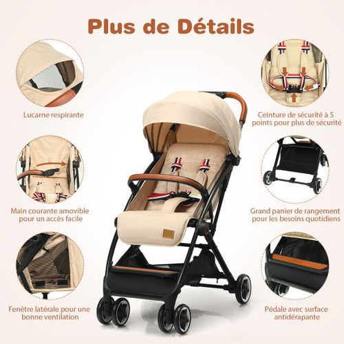 Poussette Bébé Pliable à Une Main Avec Cadre En Aluminium Dossier Et Repose-pieds Réglables Beige