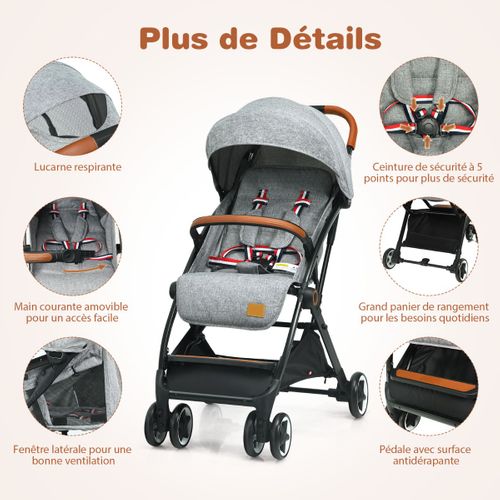 Poussette Bébé Pliable à Une Main Avec Cadre En Aluminium Dossier Et Repose-pieds Réglables Gris