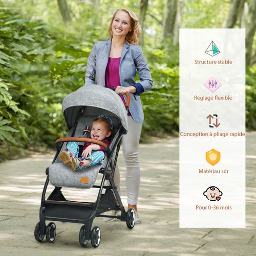 Poussette Bébé Pliable à Une Main Avec Cadre En Aluminium Dossier Et Repose-pieds Réglables Gris