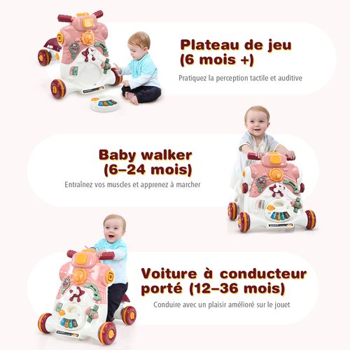 Trotteur 3 En 1 Pousseur Pour Bébé Avec Lumière Et Musique Activités D'eveil 6-36 Mois Rose