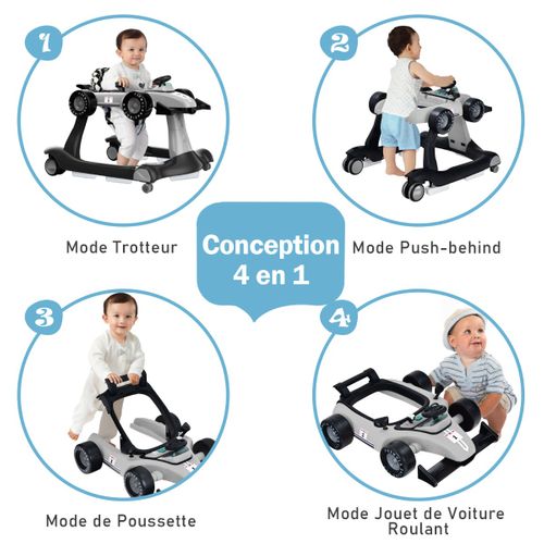 Trotteur Pliable 4 En 1 Pousseur Hauteur Et Vitesse Réglables Boîte à Musique Avec Lumière Volant