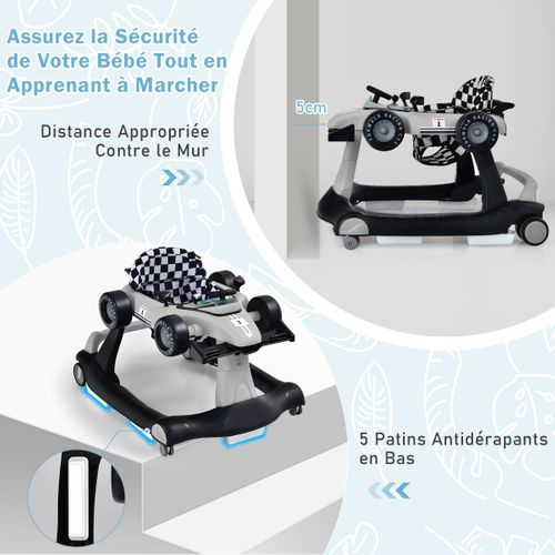 Trotteur Pliable 4 En 1 Pousseur Hauteur Et Vitesse Réglables Boîte à Musique Avec Lumière Volant