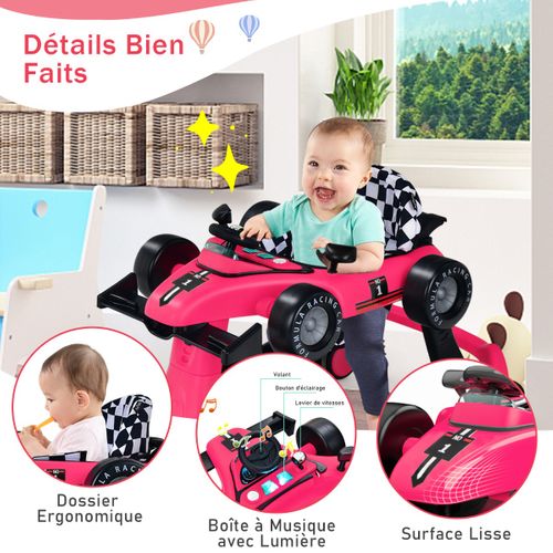 Trotteur Pliable 4 En 1 Pousseur Hauteur Et Vitesse Réglables Boîte à Musique Avec Lumière Volant