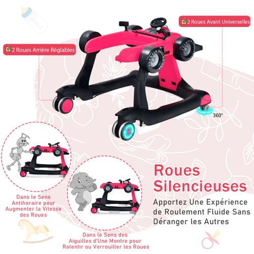 Trotteur Pliable 4 En 1 Pousseur Hauteur Et Vitesse Réglables Boîte à Musique Avec Lumière Volant