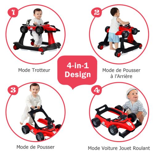 Trotteur Pliable 4 En 1 Pousseur Hauteur Et Vitesse Réglables Boîte à Musique Avec Lumière Volant