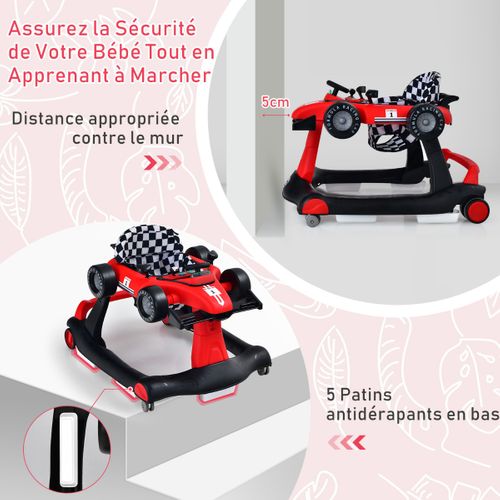 Trotteur Pliable 4 En 1 Pousseur Hauteur Et Vitesse Réglables Boîte à Musique Avec Lumière Volant