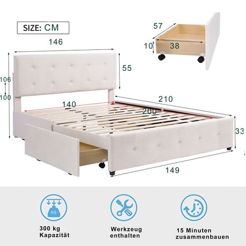 Lit Coffre 140x200 Et Tiroirs, Lit 2 Personnes, , Cadre De Lit Avec Sommier à Lattes, Velours, Beige