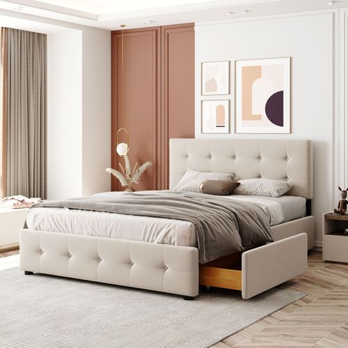 Lit Coffre 140x200 Et Tiroirs, Lit 2 Personnes, , Cadre De Lit Avec Sommier à Lattes, Velours, Beige