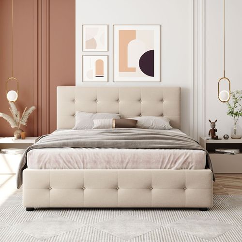 Lit Coffre 140x200 Et Tiroirs, Lit 2 Personnes, , Cadre De Lit Avec Sommier à Lattes, Velours, Beige