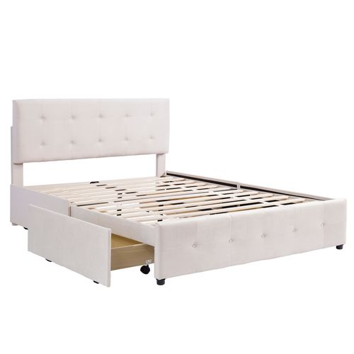 Lit Coffre 140x200 Et Tiroirs, Lit 2 Personnes, , Cadre De Lit Avec Sommier à Lattes, Velours, Beige