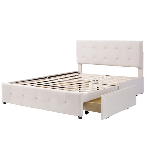 Lit Coffre 140x200 Et Tiroirs, Lit 2 Personnes, , Cadre De Lit Avec Sommier à Lattes, Velours, Beige