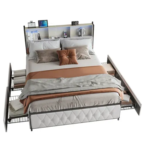 Lit 180x200 Cm Avec Sommier LED Et USB,lit Double Rembourré Avec Sommier à Lattes Et 4 Tiroirs,beige