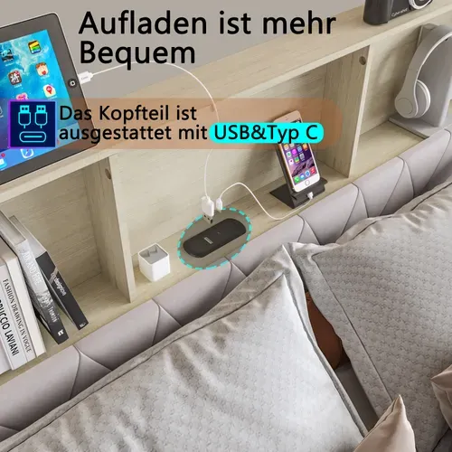 Lit 180x200 Cm Avec Sommier LED Et USB,lit Double Rembourré Avec Sommier à Lattes Et 4 Tiroirs,beige