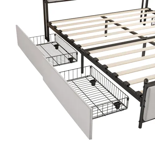 Lit 180x200 Cm Avec Sommier LED Et USB,lit Double Rembourré Avec Sommier à Lattes Et 4 Tiroirs,beige