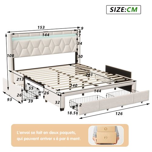 Lit Coffre 140x200 Cm Avec LED Et Rangement Hydraulique – Lit Double Avec Tête De Lit Rembourrée – Cadre + Sommier à Lattes Inclus