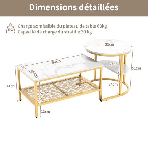 Lot De 2 Tables Basses Gigognes Modernes, Table D'appoint Ronde Pour Canapé Et Chambre, Doré