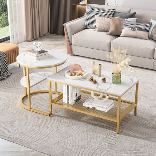 Lot De 2 Tables Basses Gigognes Modernes, Table D'appoint Ronde Pour Canapé Et Chambre, Doré