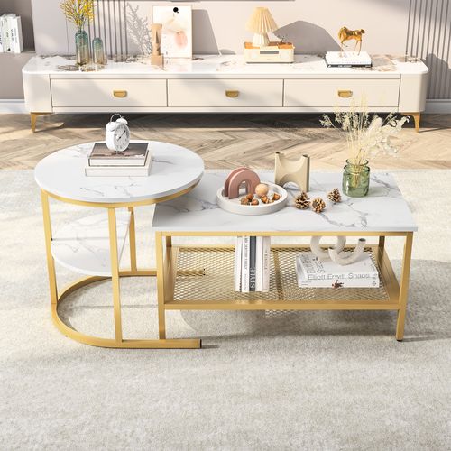 Lot De 2 Tables Basses Gigognes Modernes, Table D'appoint Ronde Pour Canapé Et Chambre, Doré