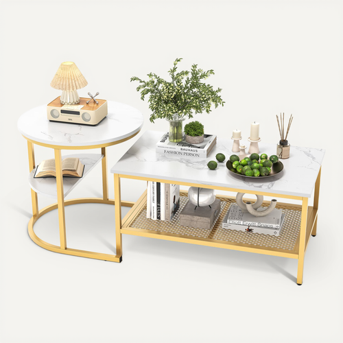 Lot De 2 Tables Basses Gigognes Modernes, Table D'appoint Ronde Pour Canapé Et Chambre, Doré