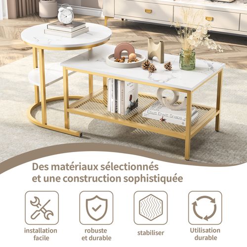 Lot De 2 Tables Basses Gigognes Modernes, Table D'appoint Ronde Pour Canapé Et Chambre, Doré