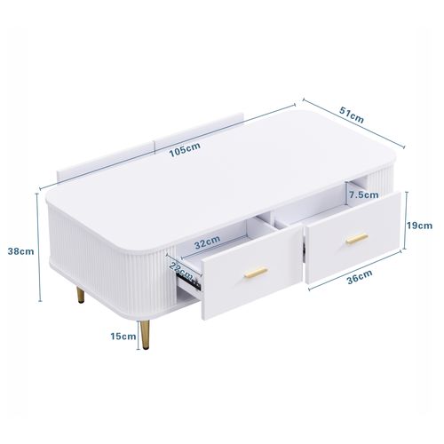Table Basse Bois Avec 4 Tiroirs, Coin Arrondi, Poignées Et Pieds De Table Dorés, Blanche