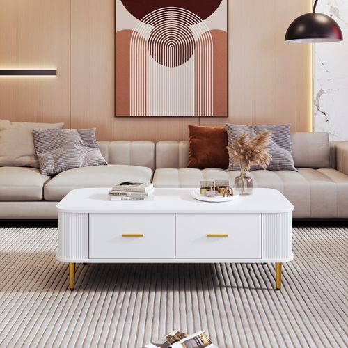 Table Basse Bois Avec 4 Tiroirs, Coin Arrondi, Poignées Et Pieds De Table Dorés, Blanche