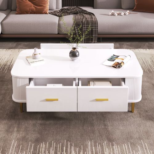Table Basse Bois Avec 4 Tiroirs, Coin Arrondi, Poignées Et Pieds De Table Dorés, Blanche