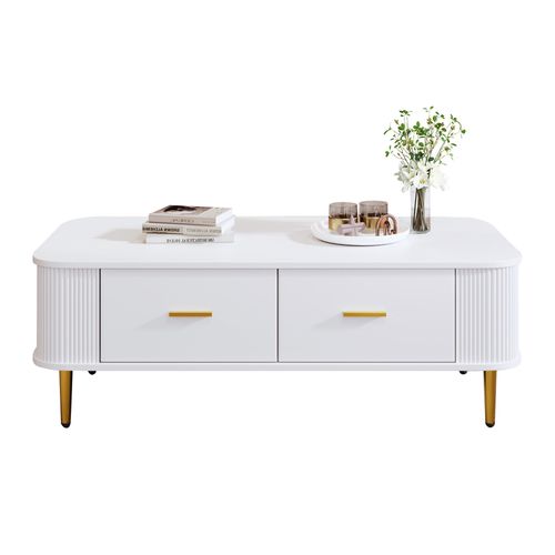 Table Basse Bois Avec 4 Tiroirs, Coin Arrondi, Poignées Et Pieds De Table Dorés, Blanche
