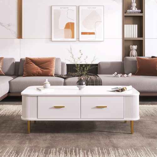 Table Basse Bois Avec 4 Tiroirs, Coin Arrondi, Poignées Et Pieds De Table Dorés, Blanche