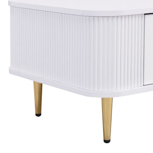 Table Basse Bois Avec 4 Tiroirs, Coin Arrondi, Poignées Et Pieds De Table Dorés, Blanche