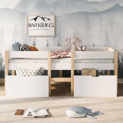 Lit 90x190 Lit Enfant Avec Protection Antichute Et 2 Tiroir, Bois Massif + Mdf, Blanc