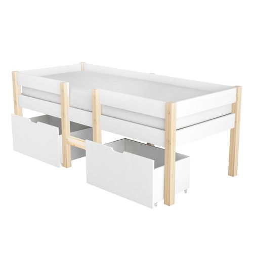 Lit 90x190 Lit Enfant Avec Protection Antichute Et 2 Tiroir, Bois Massif + Mdf, Blanc