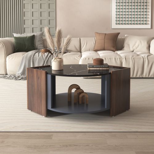 Table Basse En Marbre Noir Et Noyer, 96.5x63x40 Cm